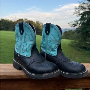 Women’s Black and Teal Justin Cowboy Boots - Size 10